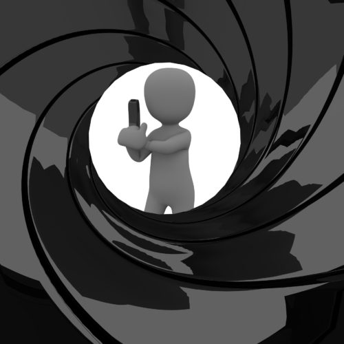 Stylized figure framed in a film reel barrel with a gun pose, a playful nod to pop culture representing Scottish botanist ‘spy’ Robert Fortune on an undercover mission to steal tea plants from China in reference to "A History On Tea"