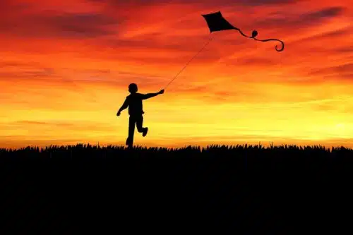 Silhouette of a child joyfully flying a kite at sunset, symbolising the energy and vitality from a strong immune system.