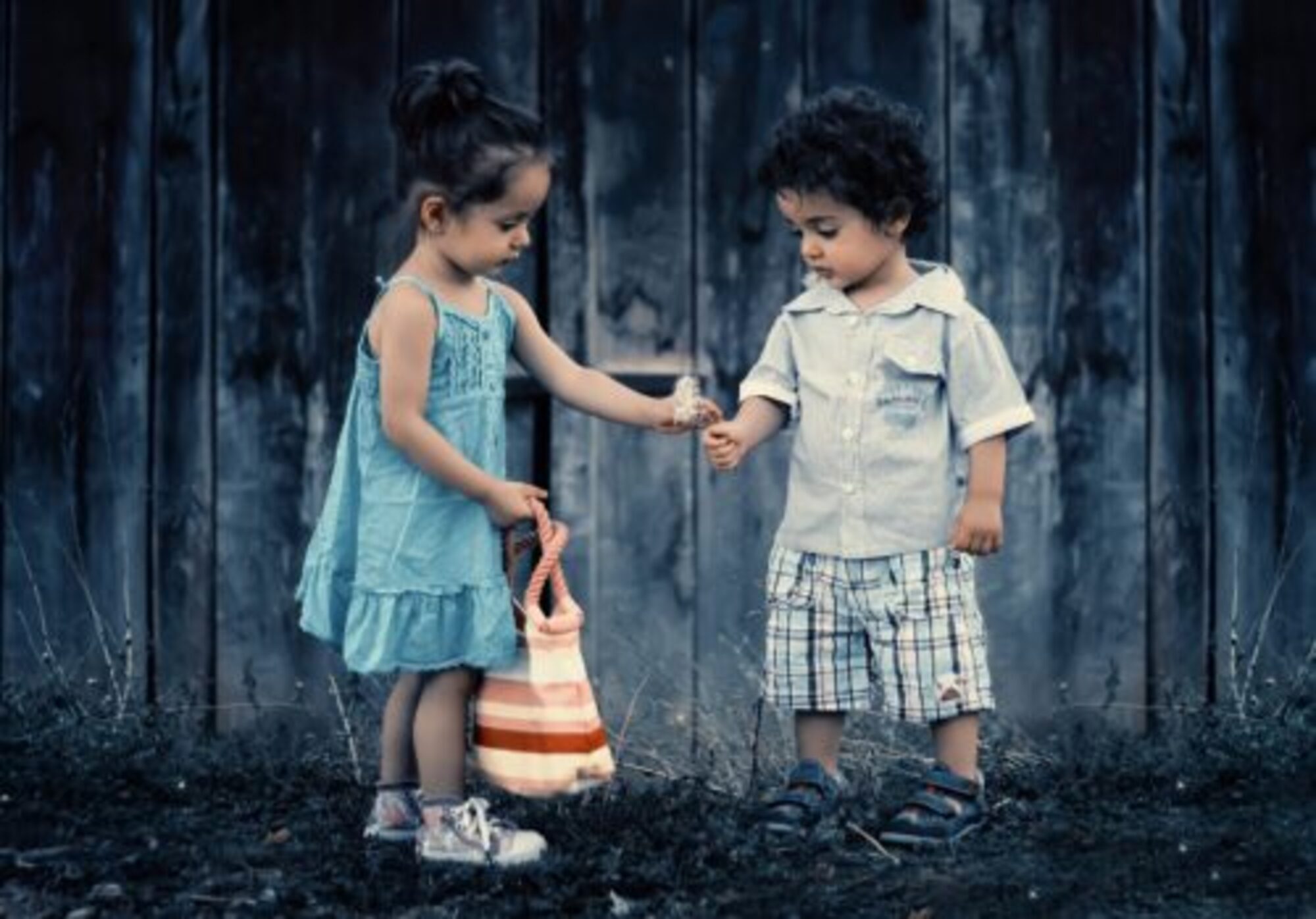 a little boy in shirt and shorts and little girl in a dress handing each a other some flowers