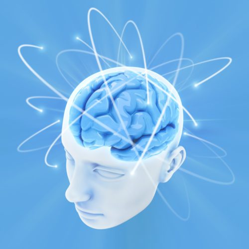 Glowing blue brain with neural pathways, symbolizing cognitive and mood-enhancing compounds found in what is in green tea.