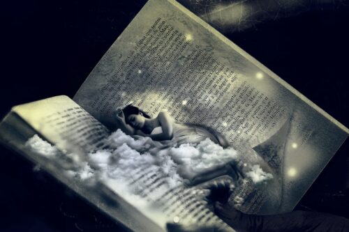 surreal black and white image of woman sleeping on an open fiction book and clouds