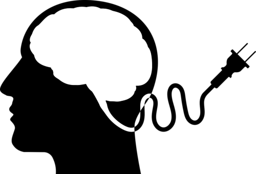 Simple black-and-white image of a brain in thought and plug sticking out—representing how natural sleep remedies support mental clarity and calm and help to unplug before sleep.
