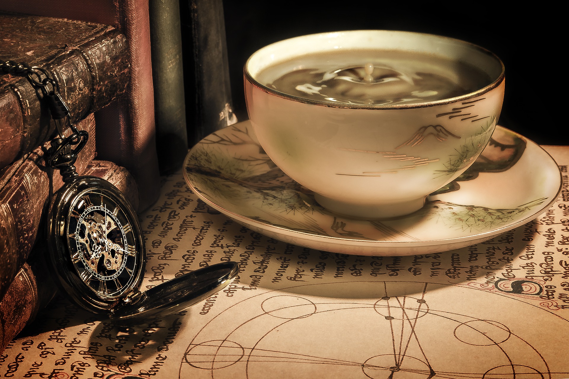 a vintage image of an old pocket watch, a cup of tea with a saucer, sitting on top of some old books