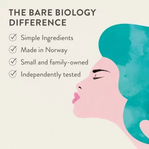 drawn image of womans face and list of differences that make Bare Biology stand out from others