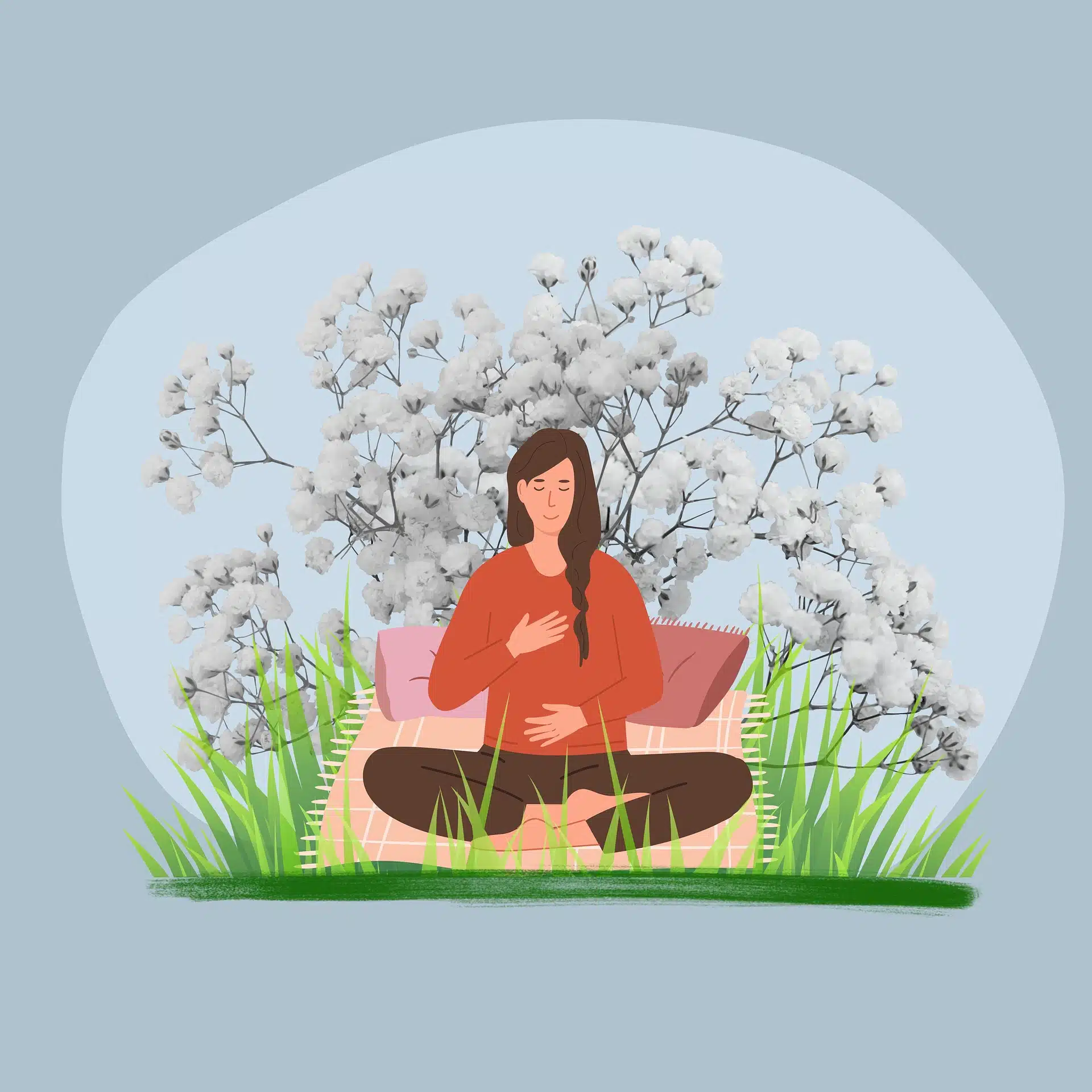 cartoon image of woman on yoga mat, her hand on her heart and tummy, surrounded by nature