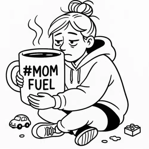 Sleep Deprived Mom Humor illustration of a tired mom sitting on the floor holding a large coffee mug labelled Mom Fuel surrounded by toys.