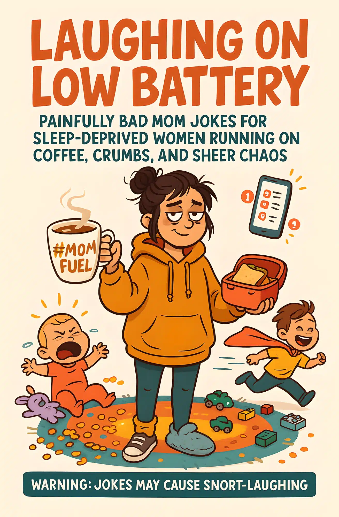 Illustrated cover of Laughing on Low Battery, a parenting humor book showing a tired mom holding coffee labelled “Mom Fuel” while children create chaos around her.