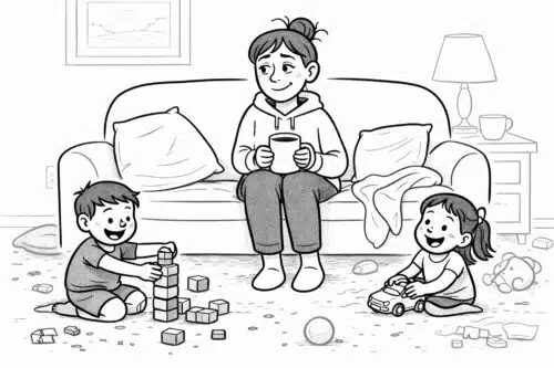 Sleep Deprived Mom Humor illustration showing a tired mom managing children, toys, and coffee during a chaotic parenting moment.