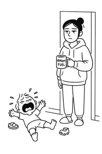 Sleep Deprived Mom Humor illustration showing an exhausted mom holding coffee while a toddler throws a dramatic tantrum on the floor.